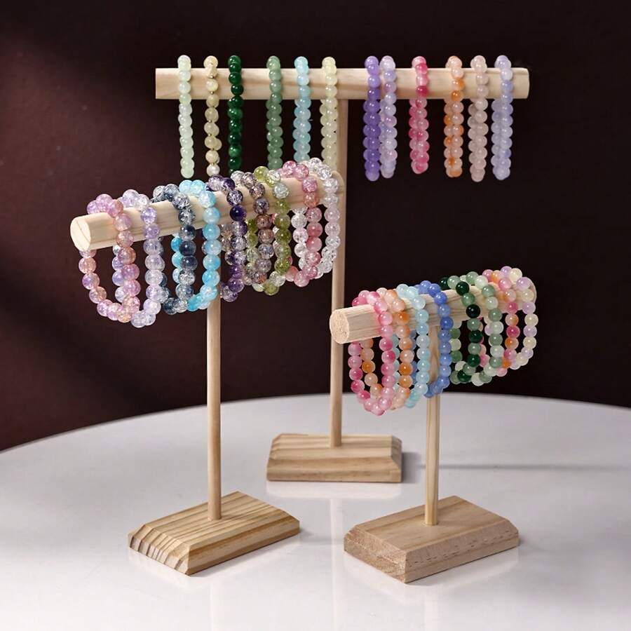 3pcs Wooden T-Shaped Jewelry Display Stand Set, Multifunctional Necklace, Bracelet, Anklet Organizer & Holder, Ideal For Wedding Accessories, Detachable Rack For Keys, Memorabilia, Hair Accessories Storage, Suitable For Counter, Vanity, Bedroom