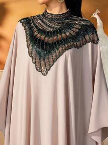 AmazingHoney Luxury Cream Sequin Embellished Jalabiya With Statement Neckline, Loose-Fit Long Kaftan Dress, Elegant Modest Gown For Eid, Ramadan, Wedding Guest, Arabian Occasionwear - Dusty Pink - View 9