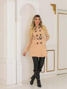 WOMEN'S OVERCOAT WITH BUTTONS AND LARGE BELT - 米色 - 查看 2