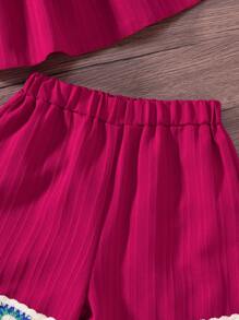 Vihyde Conjunto de festa casual para meninas com decote em V, mangas e shorts, acabamento em tecido vazado