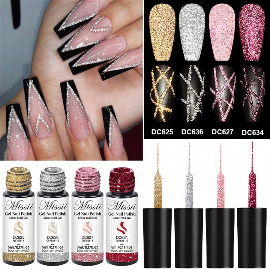 Mtssii 4pcs Reflective Glitter Liner Gel Nail Polish Set Gold Silver Pink Black Red Color Bright Sparkling French Pink Paint Spider Liner Gel Semi Permanent Nail Painting UV Gel Superflash Style Pull Line Graffiti Painting Stripe DIY French Nail Design Soak Off Nail Vanish Nail Supplies Nails - 彩色 - 查看 1