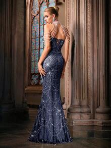LUVISTRUE 华丽女士串珠缀饰礼服夏季奢华优雅晚礼服，适合晚会、庆典、毕业舞会、生日派对、颁奖典礼、红毯纯色吊带美人鱼下摆长裙 - 藏蓝色 - 查看 2