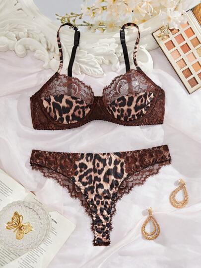 Verleidelijke Kanten Splice Leopard Print Women Lingerie Set, Rave view 3