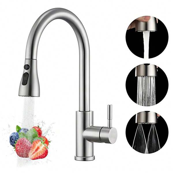Extensiones de grifo de acero inoxidable: grifo de cocina de alta presión, grifo mezclador con rociador extraíble, grifo de fregadero de cocina de una sola palanca con función giratoria de 360 °, grifo de fregadero de cocina con 3 modos de rociado, rociado de agua fría y caliente y para enjuagar platos y verduras, grifo de cocina de acero inoxidable, grifo mezclador con accesorios de montaje y manguera de entrada de agua, grifo de fregadero, grifo de cocina