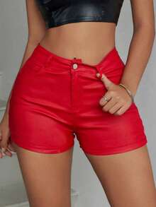 Rave High Waist Stretchy Slant Pocket PU Leather Skinny Club Mini Shorts Music Festival - Red - View 2