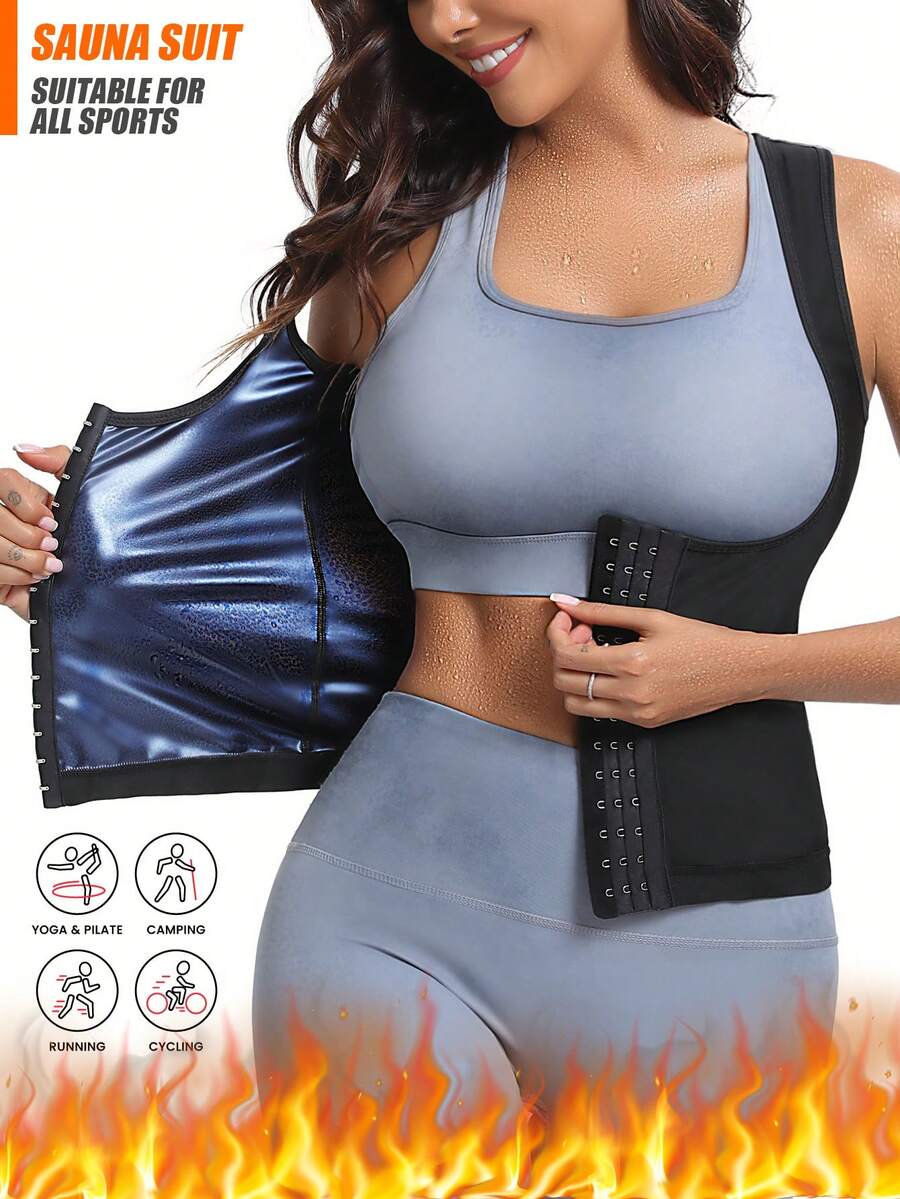 女士运动桑拿服，适合健身出汗，时尚显瘦，促进减肥，有助于塑形。配有固定式胸部支撑桑拿背心，适合跑步、瑜伽和燃脂训练。也可用作性感运动服。包含腰带修剪器，可用于健身塑身衣和塑形健身房配件、收腹带、腰带、收腹束腹带