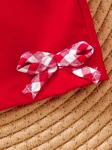 Set di top a canotta a quadri carino e pantaloncini con fiocco per neonate, adatto per uso esterno in primavera/estate - Rosso - Visualizzare 5