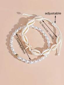 2pcs/Set Bohemian Style Starfish & Seashell Anklets, Suitable For Daily Wear And Vacation, Great As Holiday Gift For Friends - White - View 4