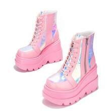 Radio-HoloRise Platform Boots – Futuristic Chunky Holographic Ankle Boots - 粉色 - 查看 3