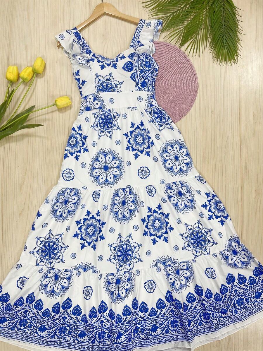 Long Dress PRINTED With Lining With Cup In Beautiful, Fashionable CREPINHO Fabric - Blue and White - View 1