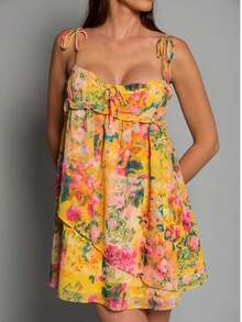 Womens Floral Mini Dress Spaghetti Strap Sleeveless Tie Back Ruffle Sundress Summer Tiered A-Line Midi Dress - 紅色 - 查看 1