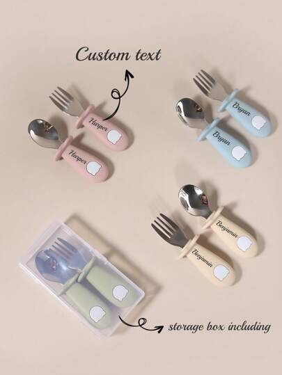1 set de fourchette et cuillère en silicone et acier inoxydable personnalisable avec motif panda, set de vaisselle portable pour bébé/enfant avec boîte de rangement, multifonctionnel, ornemental, lettrage, élégant, moderne, coloré, mignon, adorable, décontracté, personnalisé, cadeau idéal pour lui, cadeau idéal pour elle