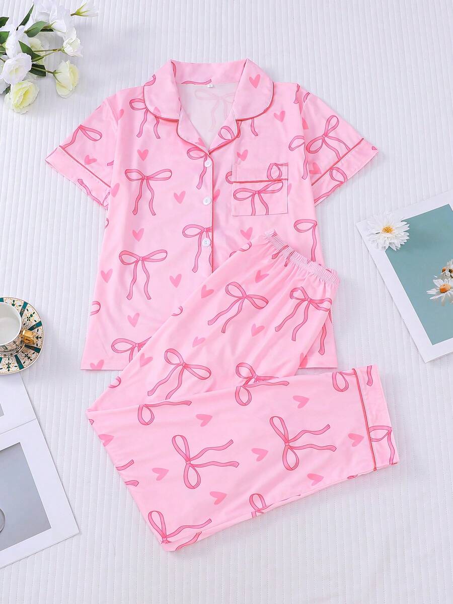 Set de 2 piezas de pijamas para mujeres con estampado de moño, top de manga corta con cuello vuelto cómodo y pantalones sueltos con elástico, conjunto elegante y de moda para fiestas, uso casual en interiores y exteriores - Rosa - Ver 1