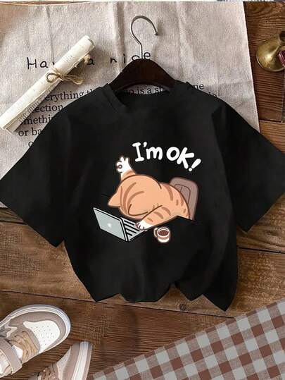 Cartoon Cat Laying On Laptop Print Cute Short Sleeve T-Shirt For Women