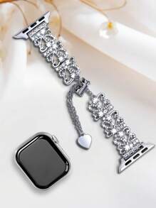 1pc Fashion Apple WatchBand Watch Strap Silver Bracelet Women,Geometric Floral Openwork Rhinestone Pattern Design Perfectly Fits The Wrist,Rhinestone Metal Shiny Strap, Compatible With Apple Watch Series 10/9/8/7/SE/6/5/4, 38mm 40mm 41mm 42mm 44mm 45mm 46mm 49mm, Smart Watch Strap, Bracelet Wristband Suitable For Her Gifts, Gifts To Friends,Adjustable AppleWatch Band