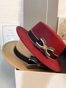 1pc Women's Solid Color Casual Hat, Bohemian Retro Palace Style Party Street Hat, Korean Version Year-Round Brimless Fresh Felt Bowknot Versatile Travel Vintage Fedora Hat, Suitable For Everyday Outings And Shopping