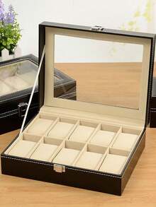 1pc Unisex Watch Box Organizer, 2/3/6/10/12 Slots Watch Storage Box With Top Glass Display And Removable Cushions In Each Slot, Made Of Premium Leather For Watch Collection And Display Summer For Women Storage Organizer Gift Wedding Back To School - Black - View 5