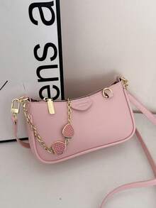 新款时尚经典小丑纯色PU防水面料单肩法棍包，草莓金属链条装饰腋下包，优雅手提包，商务通勤包，适合旅行、购物、派对、节日庆典 - 粉色 - 查看 2