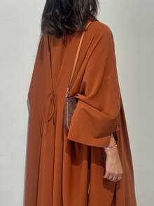 Long Sleeve Woven Fabric Abaya, With Open Collar And Slit Details, Elegant Women's Long Jalabiya, Saudi National Day - Orange - View 2