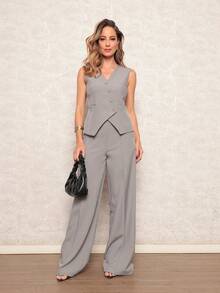 Women's Tailored Set Laria Vertical Vest With Long Trousers - Grey - View 1