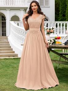 Elisanya Đầm dài dự tiệc tối tay lửng cổ chữ V sâu ren sequin tương phản, viền nhún, trang trọng, dành cho khách dự tiệc cưới - Xem 5