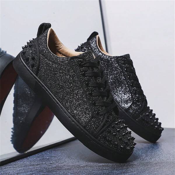Men's Sneakers With Punk Metal Stud Decor On Front And Back Heels, Low-Top Board Shoes With Niche Classic Black/White Colorblock, Superfiber Leather, Premium Round Toe, Lightweight, Anti-Slip, Breathable, Durable Soft Sole, Suitable For Casual, Sports, Running, Stage Party, All Season
