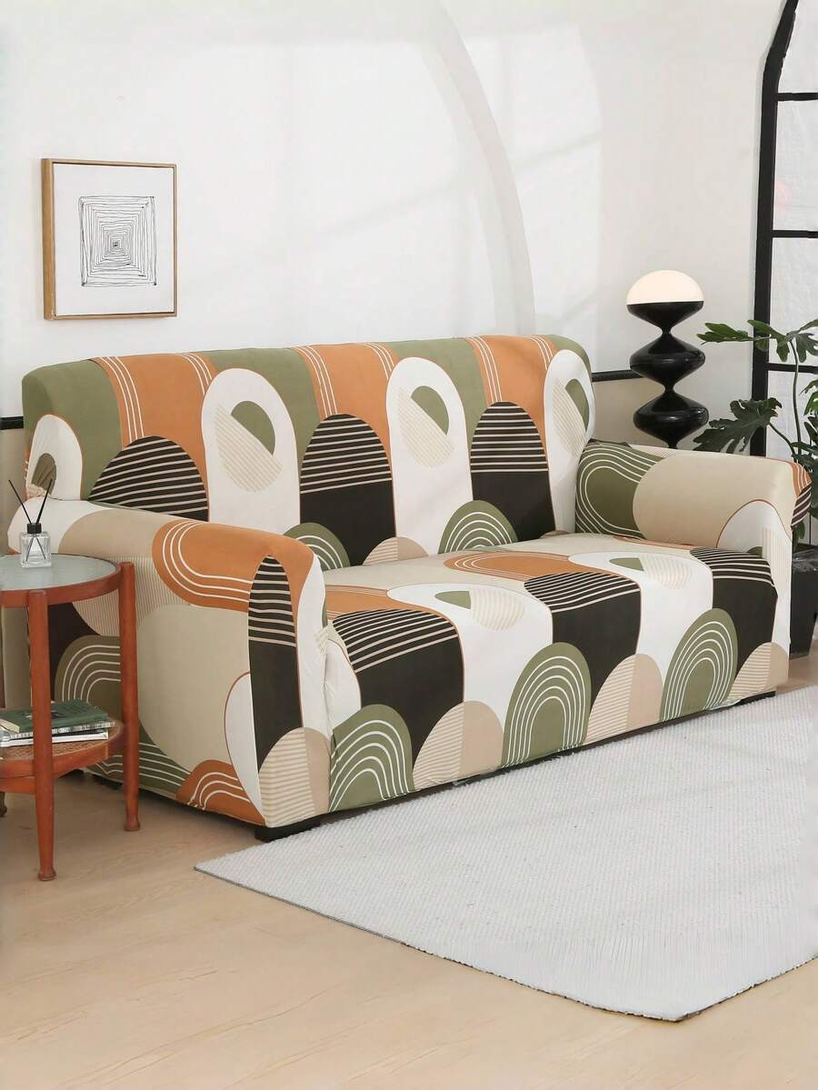 1pc Geometric Pattern Printed Sofa Cover With Elastic All Inclusive Sofa Cover Made Of Polyester Fiber, Suitable For All Seasons, Simple And Modern - Burnt Orange - View 1