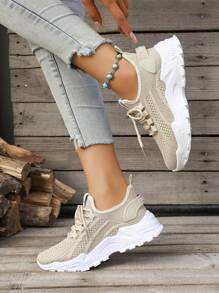 Thick Sole Beige Casual Sports Shoes, Round Toe Lace-Up Knitted Mesh Breathable Flat Light Weight Running Sneakers, All Season
