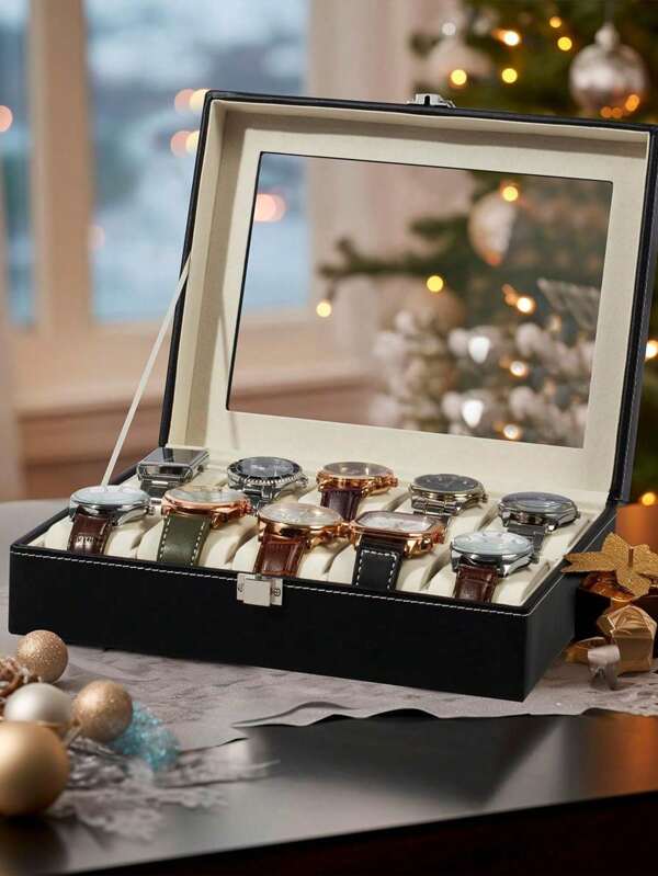 1 pieza Caja organizadora de relojes unisex, con 2/3/6/10/12 ranuras, caja de almacenamiento de relojes con pantalla de vidrio superior y cojines extraíbles en cada ranura, hecha premium para la colección y exhibición de relojes, para regalo de almacenamiento y organización de verano para mujeres, boda, vuelta a la escuela