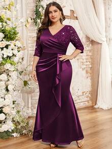 Plus V-Neck Sequin Floral Lace Contrast Ruched Ruffle Trim Satin Mermaid Hem Evening Party Dress, Formal Gown, Winter Dress, Valentine Day Dress, For Wedding Guest, Graduation, Dinner - Maroon - View 7