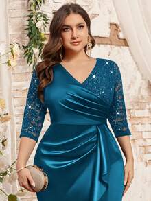 Đầm dạ hội dáng đuôi cá bằng satin phối ren hoa đính sequin cổ chữ V, cỡ lớn, thích hợp cho các dịp trang trọng, mùa đông, ngày Valentine, dự đám cưới, lễ tốt nghiệp, tiệc gala, v.v. Sang trọng mùa xuân - Màu xanh bụi bặm - Xem 8