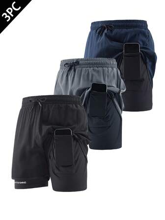 三条装篮球短裤男士速干二合一双层防走光宽松跑步拳击健身运动七分裤