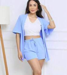 2-Piece Plain Set (Kimono+Shorts) J-2 - Baby Blue - View 1