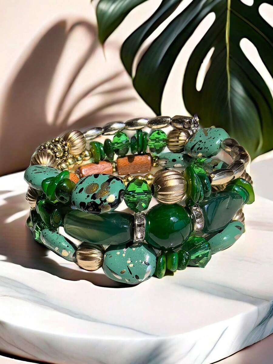 Bohemian Multi-Layer Beaded Women's Bracelet Vintage Natural Stone Bracelet Women's Vintage  Jewelry Perfect Birthday Anniversary Valentine's Day Gift To A Friend Lover Mom Daily Casual Jewelry Travel Party Accessories - 綠色 - 查看 1