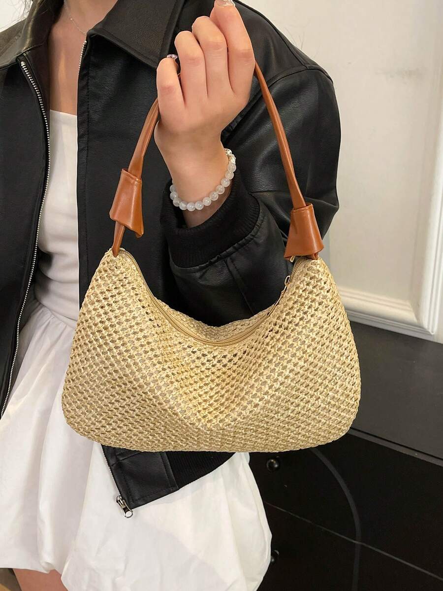 女士编织手提包，新款休闲草编单肩包，林地风格沙滩手提包腋下斜挎包 - 棕色 - 查看 1