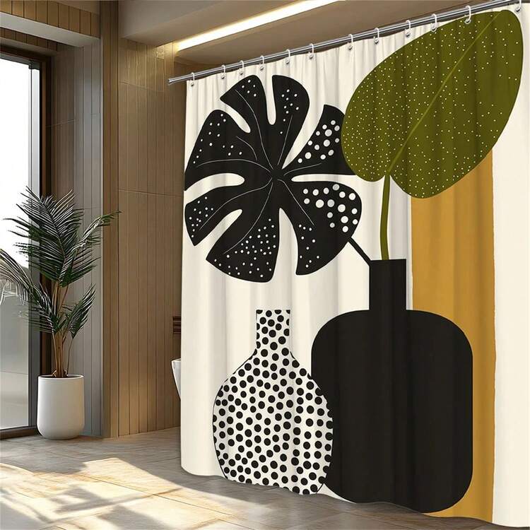 1 pieza Cortina de ducha con arte geométrico minimalista con hoja de Monstera, jarrones negros y patrones de puntos sobre fondo beige, diseño de arte moderno, tela de poliéster con 12 ganchos para decoración del baño, decoración de otoño, accesorios de baño, de vuelta a la escuela - Multicolor - Añade 1