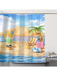 1 Peça/4 Peças Conjunto de Cortina de Chuveiro com Tema de Praia com Letras em Bolhas, com Tapete Antiderrapante, Tampa de Assento Sanitário, Tapete de Banheiro e 12 Ganchos de Plástico - Lavável em Máquina, Decoração de Banheiro em Poliéster Resistente a Manchas, Adequado para Todas as Estações - Acessórios de Banho com Tema Natural de Volta às Aulas