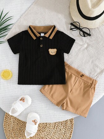 2 pièces / Set Chemise polo avec ours brodé et short confortable pour bébé / tout-petit garçon, style britannique
