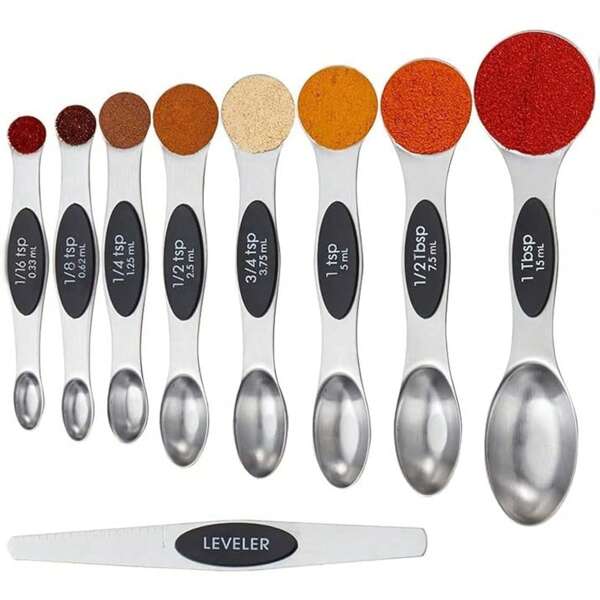 Stainless Steel Magnetic Measuring Spoons Set , Heavy Duty Metal Kitchen Gadgets For Baking & Cooking, Fits In Most Kitchen Spice Jars, Set Of 9 With Leveler, Black