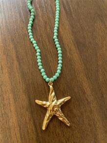 Colorful Beaded Necklace With Starfish And Shell Pendant, Stainless Steel Spring Ring Choker, Spring/Summer