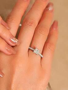 Luxury S925 Sterling Silver Square Cubic Zirconia Rings, Suitable For Wedding, Party, Daily Wear, Engagement Gift - Random Box Style - Silver - View 5