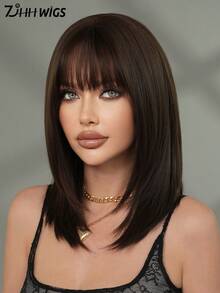 7JHH WIGS 20 英寸优雅齐肩假发，深棕色刘海假发，蓬松全机合成耐热分层假发，适合日常和学校使用，母亲节礼物