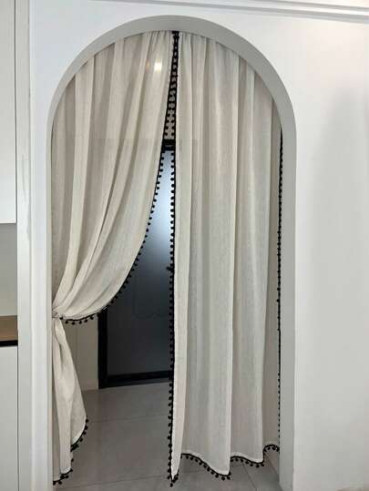 1pc Premium Linen Sheer Curtain, Vintage Style Decorative Partition Curtain With Pom Pom Floral Trim