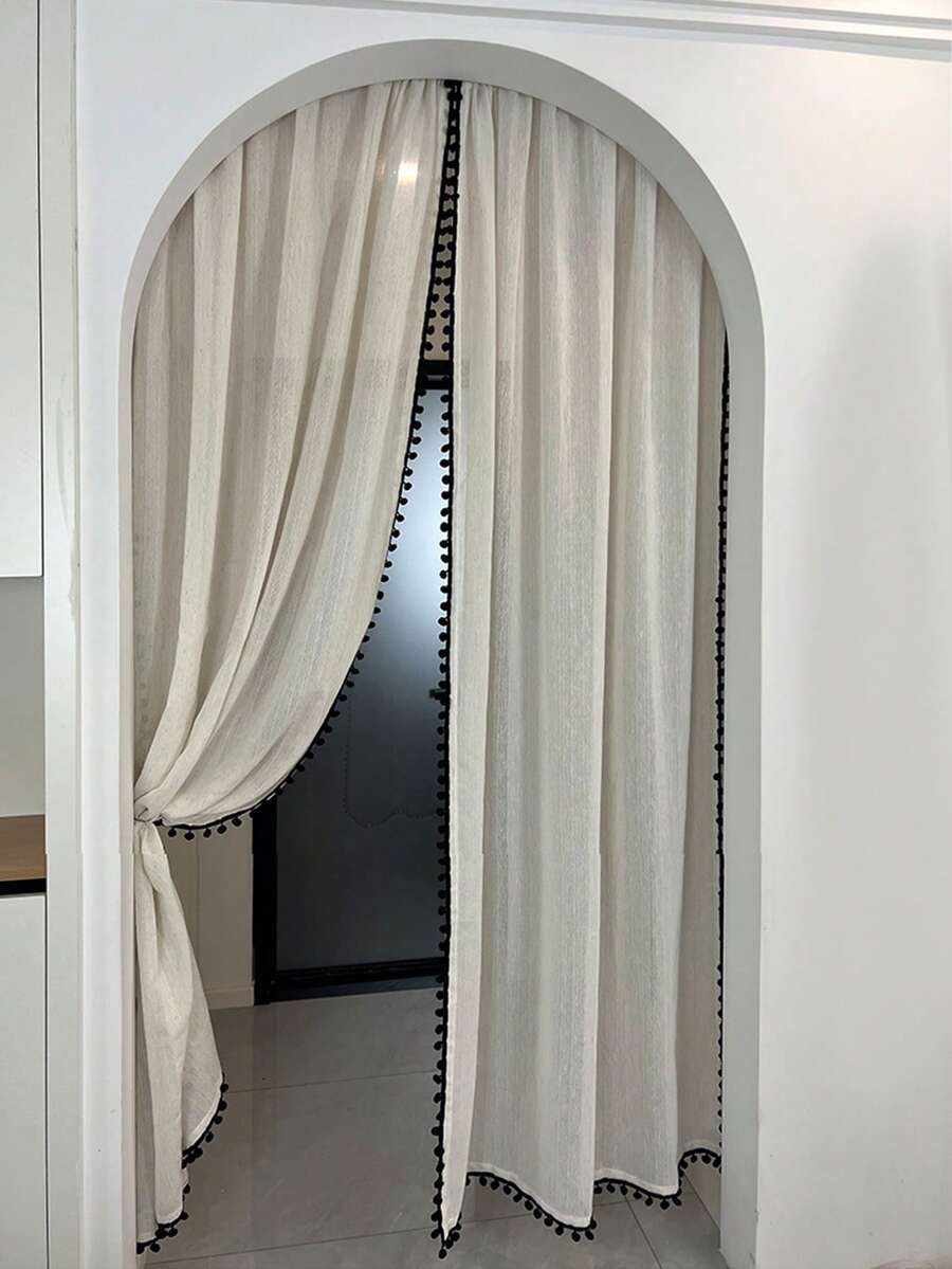 1件装优质亚麻薄纱窗帘，复古风格装饰隔断帘，带绒球花边 - 彩色 - 查看 1