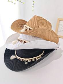 Cappello di paglia bohémien unisex, nuovo Panama intrecciato, stile cowboy o cavaliere, cappello da spiaggia per protezione solare per vacanze primaverili/estive - Multicolore - Visualizzare 9