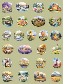 50 piezas de pegatinas de paisaje rural, diseño simple y creativo, adecuadas para regalos de graduación, regreso a la escuela, decoración DIY para planificadores, fundas de teléfono, cuadernos, tabletas, patinetas, guitarras, equipaje, paquetes, cascos, sobres, estanterías, cajas de almacenamiento - Multicolor - Ver 9