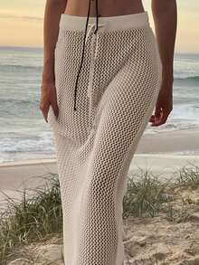 女士休闲假日沙滩裙透视镂空纯色针织系带钩针泳裙比基尼罩衫长款沙滩裙针织高腰紧身沙滩装性感辣妹海边连衣裙，春夏秋季 - 白色 - 查看 4