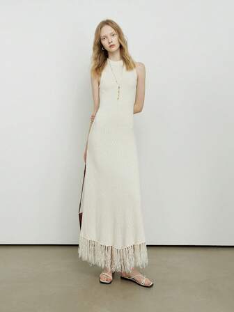 ROEYWANG 时尚设计流苏圆领修身针织连衣裙、毛衣中裙、优雅长裙