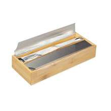 Cortador de film transparente de doble capa de bambú para cocina, organizador de papel de aluminio, madera maciza y ecológica, diseño multifuncional con hoja dentada y compartimentos, resistente a la humedad y duradero, estético y fácil de usar, empaquetado sencillo, ahorra espacio,  e inofensivo, ideal para la organización de recipientes y esencial en el hogar - Color de la madera - Ver 3