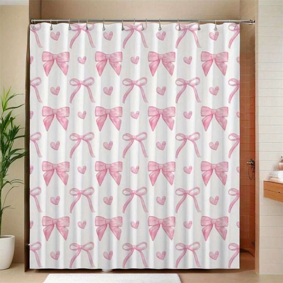 1 pieza Cortina de ducha con estampado de lazo rosa, decoración del hogar para el baño, incluye ganchos gratis, lavable a máquina, tela de poliéster tejida, adecuada para todas las estaciones, accesorio esencial de vuelta al colegio para el baño - Multicolor - Ver 1